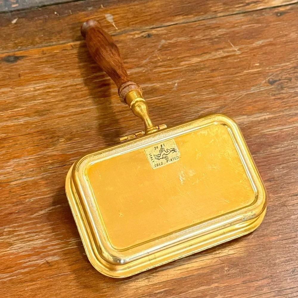 Vintage Italian 24kt Gold Plated Silent Butler Crumb Catcher with Wood Handle - Picture 5 of 12